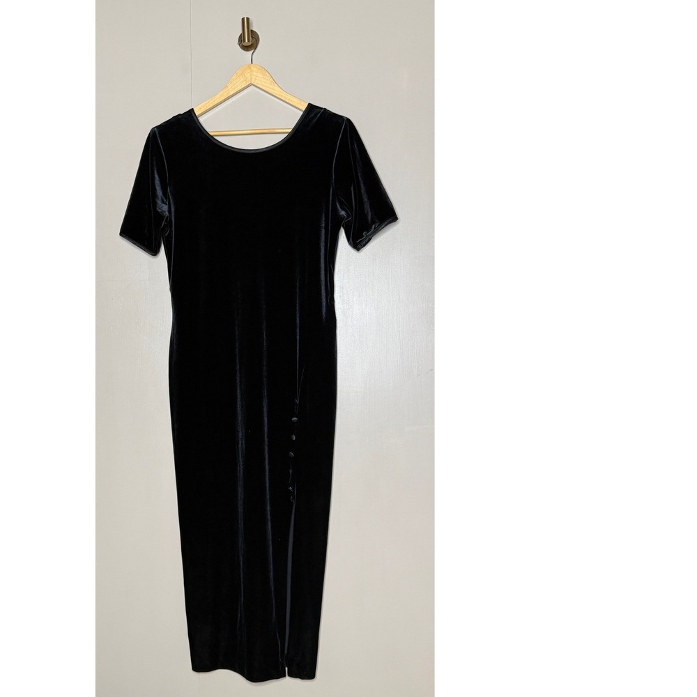 Vintage Nina Piccalino Black Velvet Maxi Dress Side Slit Button Detail Size 10 - Picture 1 of 8